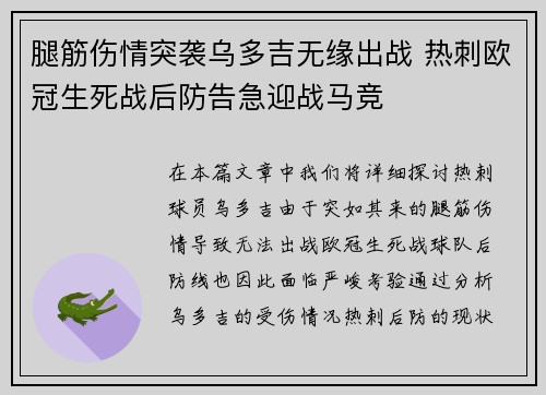 腿筋伤情突袭乌多吉无缘出战 热刺欧冠生死战后防告急迎战马竞 腿筋伤情突袭乌多吉无缘出战 热刺欧冠生死战后防告急迎战马竞